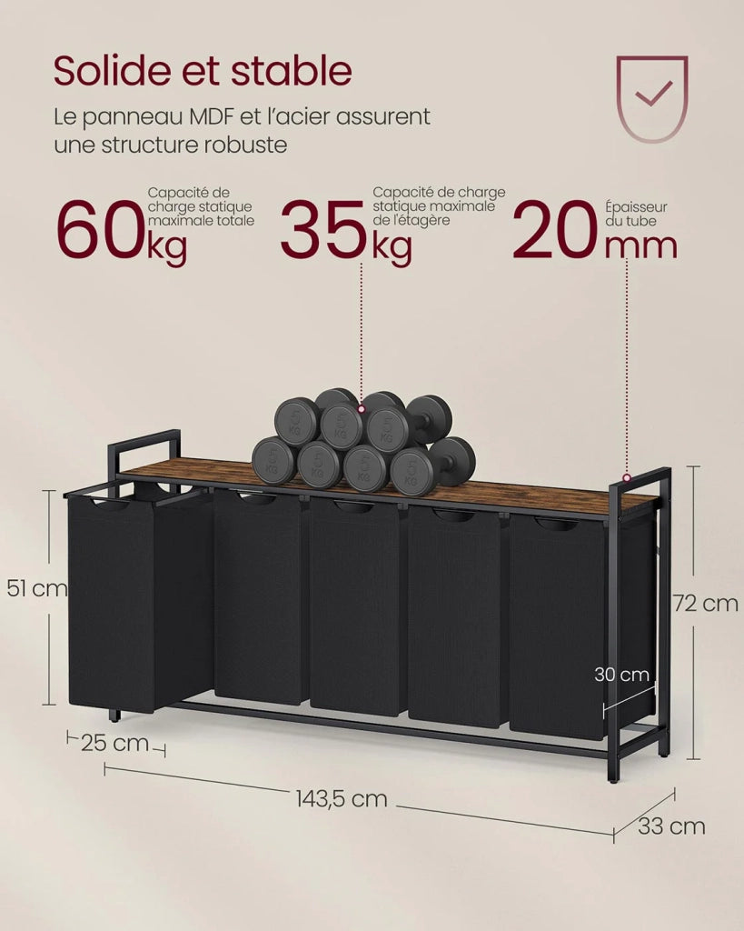 Cesto portabiancheria con 3 scomparti e 1 ripiano rimovibile per sacchetti capacità 38 litri per sacchetto per bagno o lavanderia nero 12_0006771