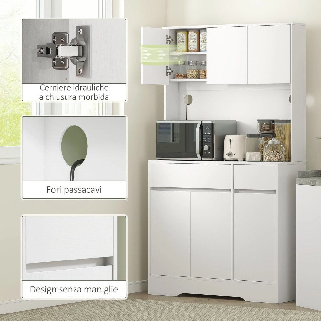 Credenza da Cucina Moderna con 4 Armadietti. 2 Cassetti e Ripiani Regolabili. 100x38x180 cm. Bianco