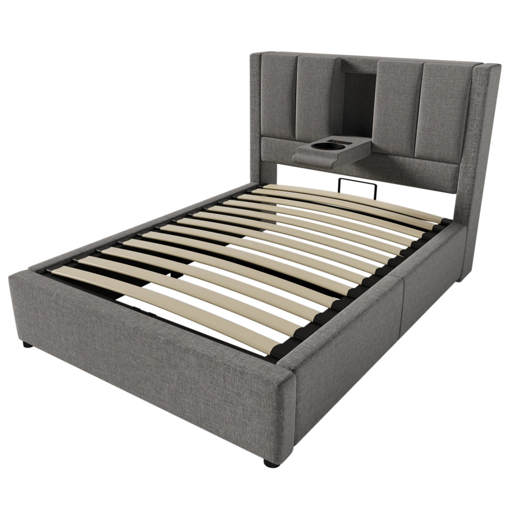 Letto Contenitore 90 x 200 cm; Letto Singolo - USB; Type-C e Portabicchiere - Grigio