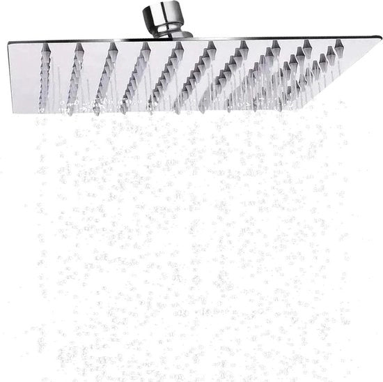 Douchekop quadrato 20 cm - 360 gradi di acqua risparmiata - acciaio inox 304 - autoigiante - quadrato con curva a 90 gradi