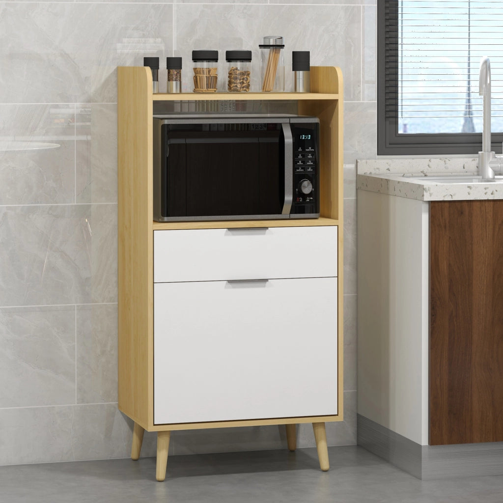Mobile per microonde con cassetto e ripiano regolabile ¨C zephmum ¨C naturale e bianco 58x40x118 cm