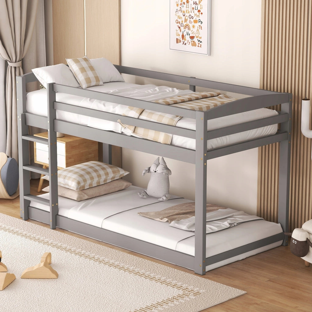 Letto a castello in pino 90x200 cm - Xylo - Grigio con scala integrata per bambini e ragazzi