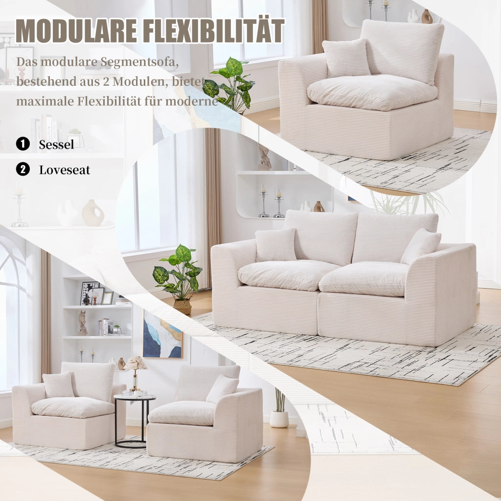 OKWISH Divano 2 Posti da Soggiorno, con Cuscini e Seduta Imbottita, Design Minimalista, Velluto a Coste, Beige