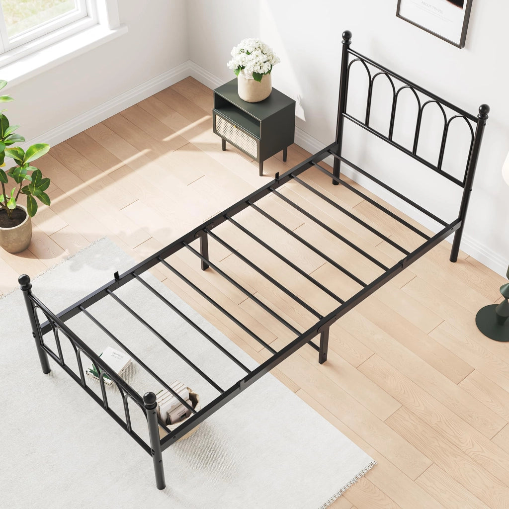 Letto in metallo con testiera vintage e contenitore, 90x200 cm, nero