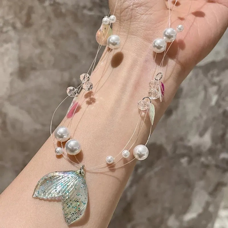 Collana di perline fatta a mano con motivo a dopamina: conchiglia, cristallo e perla
