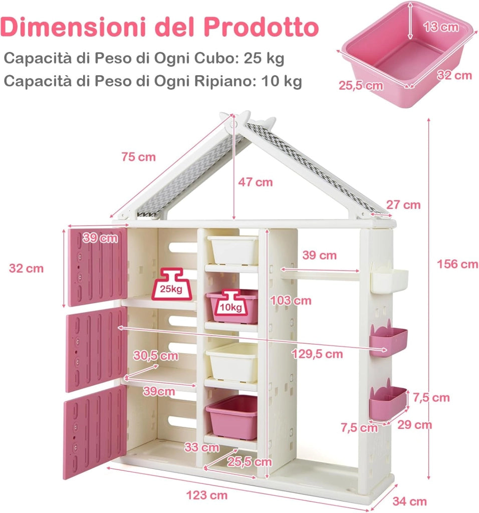 Armadio per Bambini, Organizzatore a Forma di Casa con 1 Lavagna, 3 Armadietti, 4 Cestini, 3 Cubi Chiusi e 3 Cestini Laterali, Armadietto Salvaspazio per Camera da Letto e Soggiorno (Rosa)