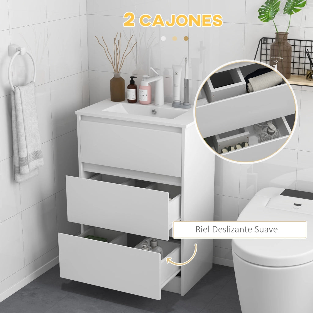 Mobile da bagno con lavabo in ceramica e 2 cassetti ¨C Xylo ¨C Bianco lucido 61x37x88cm