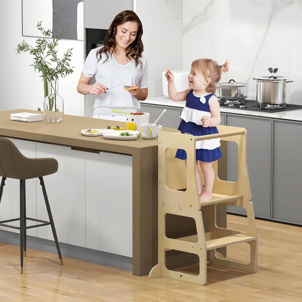 Torre per Bambini 3 in 1, Sgabello Montessori per Bambini con Lavagna, per Bambini 3 Anni +, Capacità di Carico 60 kg, 68 x 40 x 91 cm