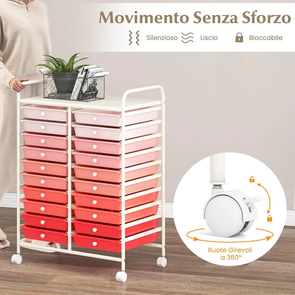 Carrello di Stoccaggio con 20 Cassetti, Carrello portaoggetti con 4 Ruote, Carrello Multiuso per Scuola Ufficio Cucina, 64 x 39 x 88 cm (Rosa)