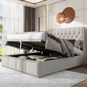 Letto imbottito in cotone-lino grigio 140x190 cm con contenitore, rete a doghe e design con rivetti