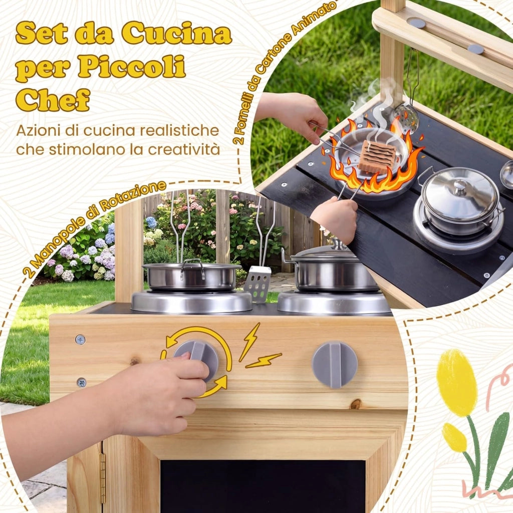Cucina Giocattolo da Esterno per Bambini in Legno, Cucinetta per Giocare Sabbia, Gioco Montessori con Lavagne, Lavandini, Serbatoio d'Acqua e Utensili e Ampio Spazio di Stoccaggio