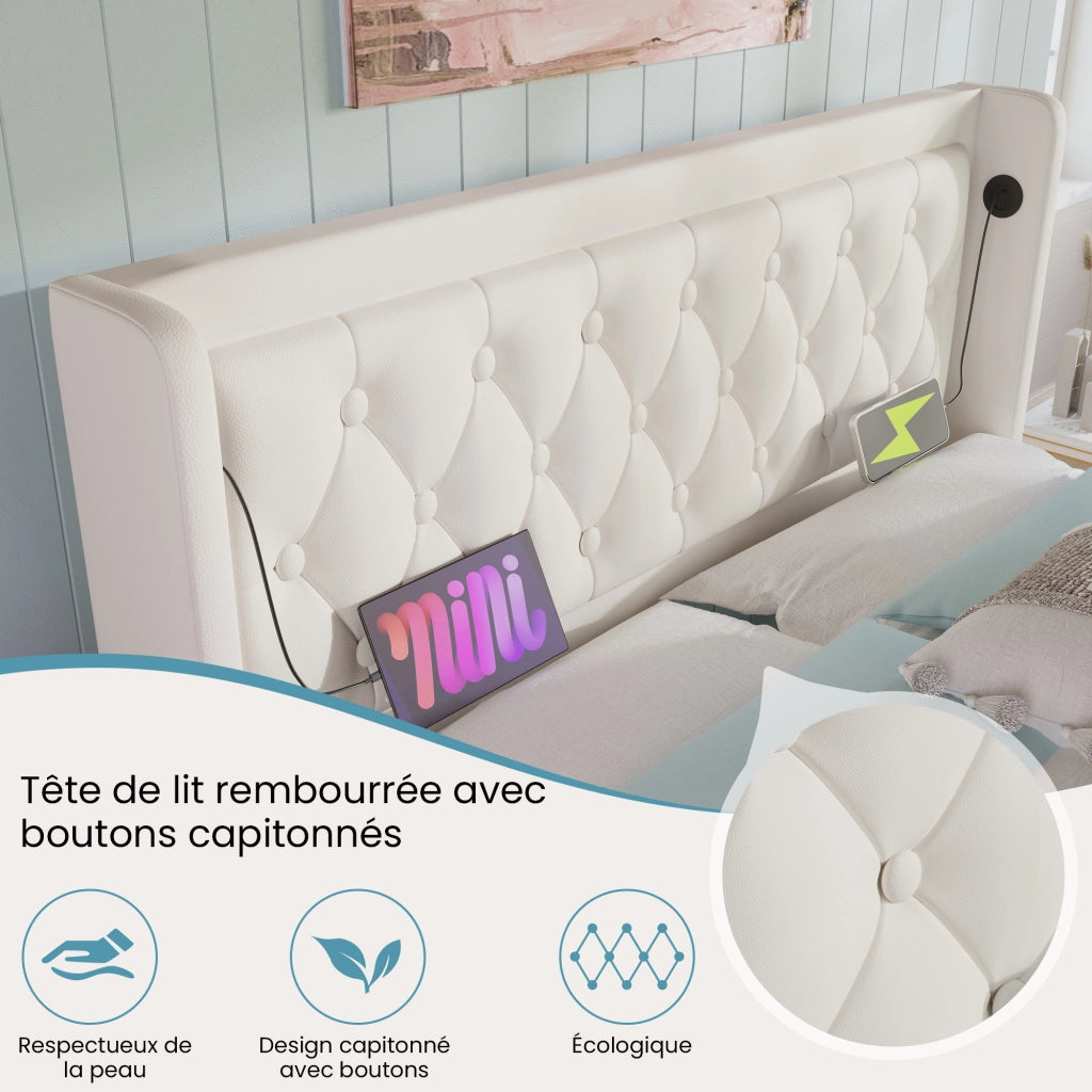 Letto Contenitore 140x200 cm; Matrimoniale - USB; Type-C; LED 3 lati - PU Bianco