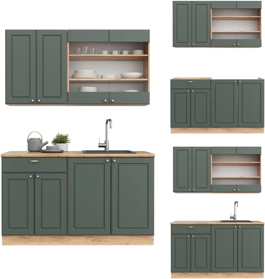 Cucina completa Fame-Line, Quercia verde-oro Country/oro Power, 140 cm senza piano di lavoro, per la libera combinazione con moduli cucina aggiuntivi