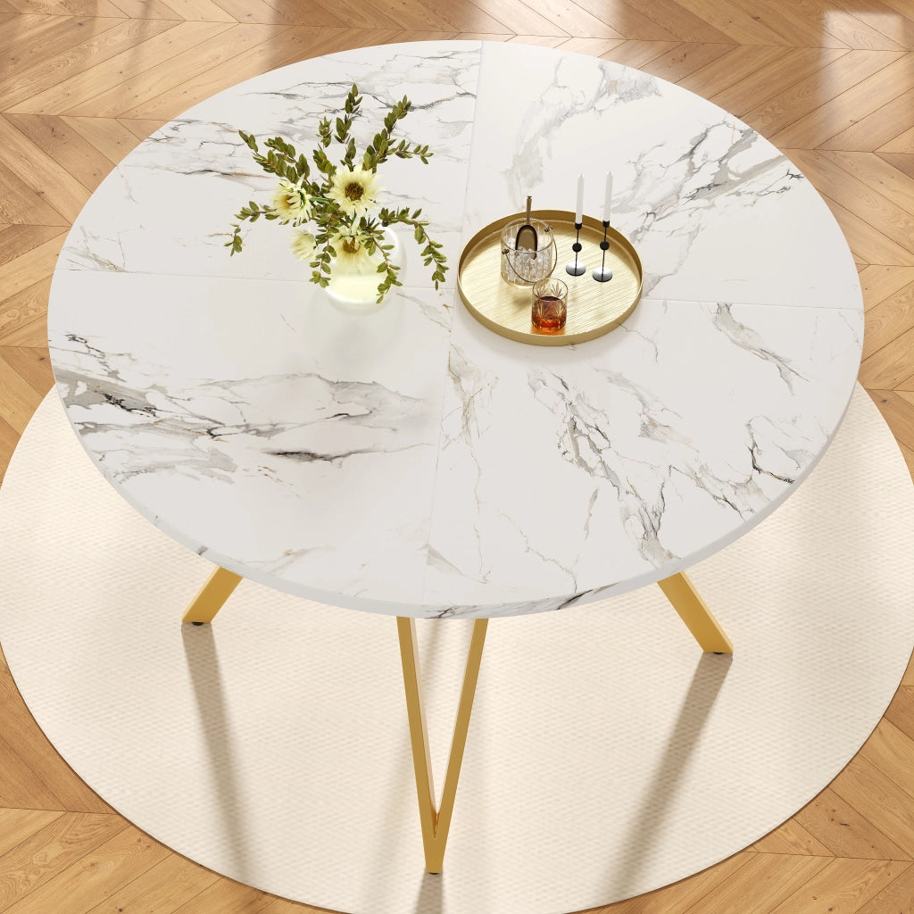 Tavolo da pranzo rotondo con piano in MDF effetto marmo e base in metallo, per sala da pranzo, oro 100 × 100 × 76 cm