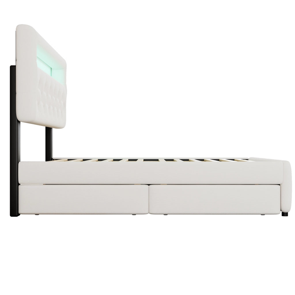 Letto matrimoniale 140x200 cm con cassetti e letto estraibile; imbottito; bianco