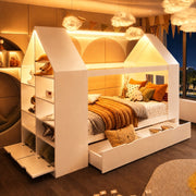 Letto per bambini 90 × 200 cm a casetta con 2 cassetti, LED, ripiani, senza materasso, in legno, bianco