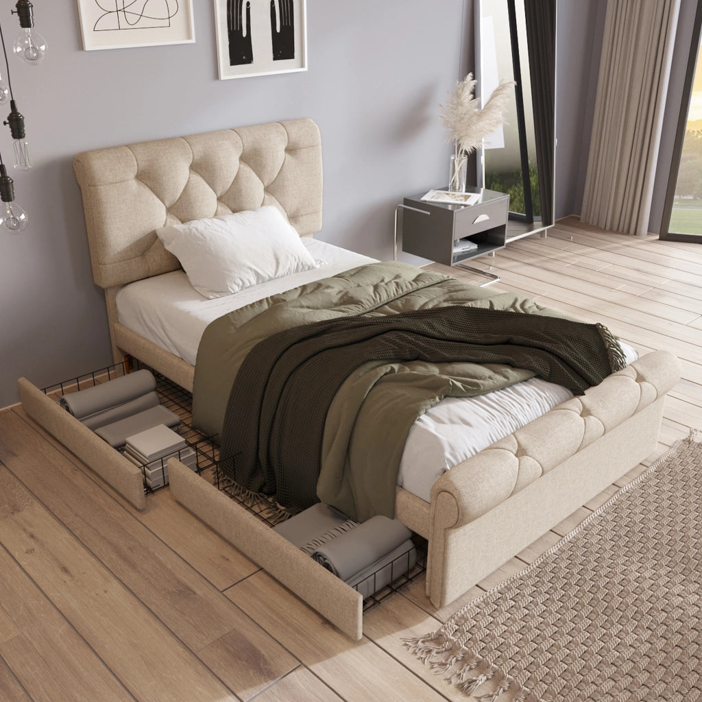 Letto singolo imbottito 90x200 cm con materasso, 2 cassetti, testiera regolabile, colore naturale