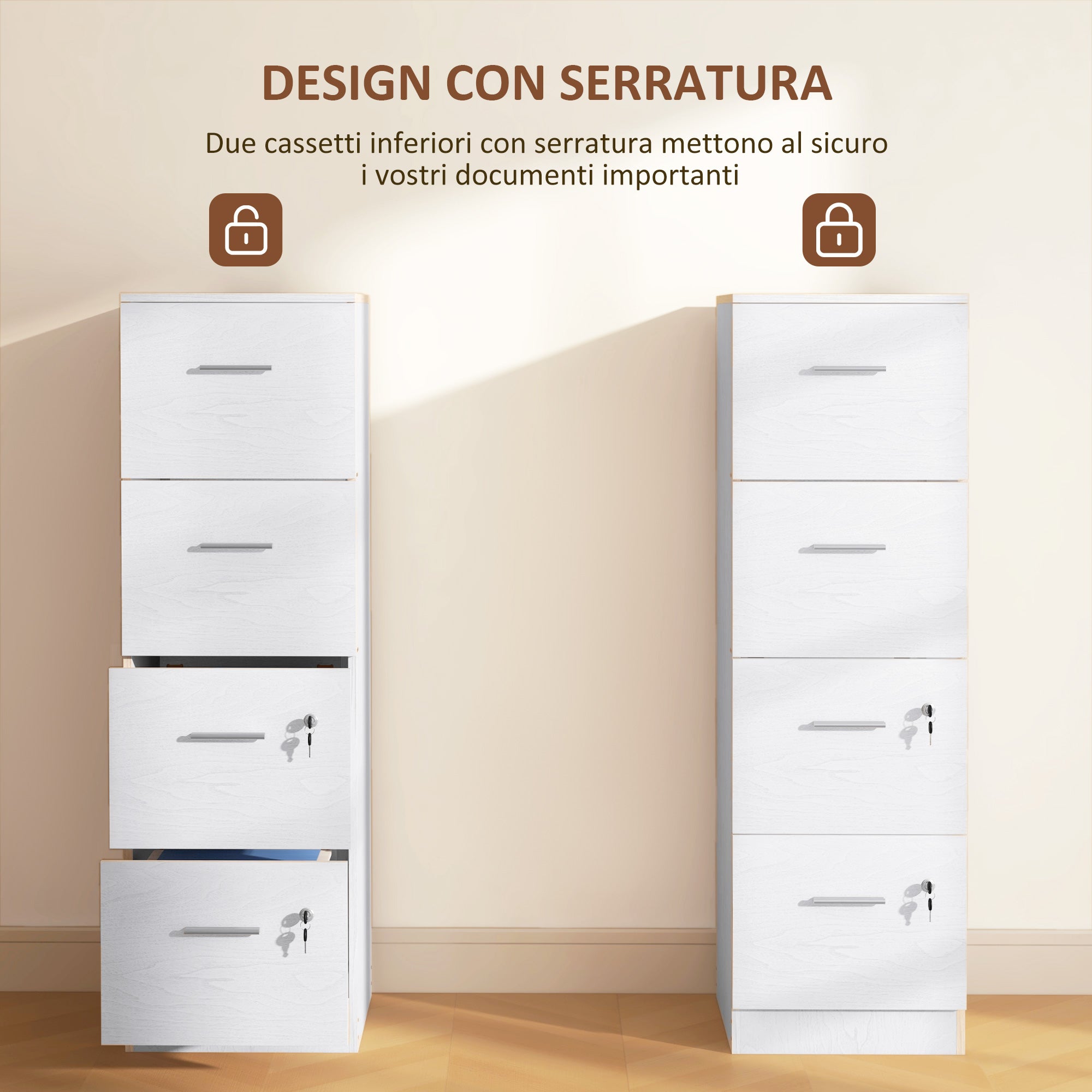 Cassettiera per Ufficio a 4 Cassetti 40x42x130,8 cm con 2 Serrature e Barra Portadocumenti in Legno Bianco