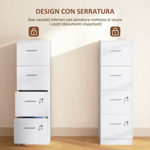 Cassettiera per Ufficio a 4 Cassetti 40x42x130,8 cm con 2 Serrature e Barra Portadocumenti in Legno Bianco