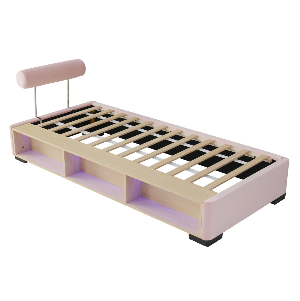 Letto imbottito per bambini 90x200 cm con ripiano laterale LED; velluto rosa