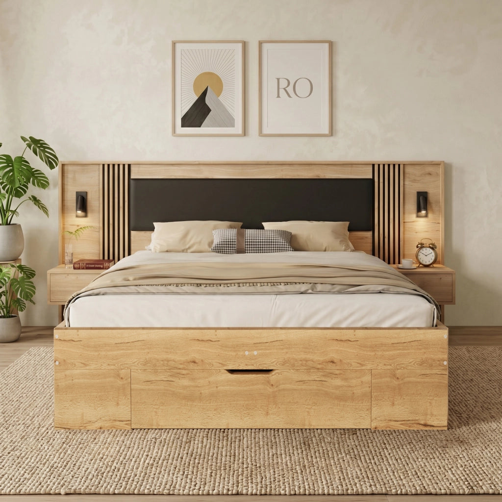 Letto Contenitore Matrimoniale con Cassetti e Comodini ¨C MINIMAL ¨C Legno Naturale 160x200