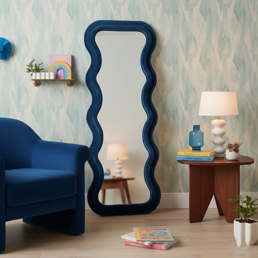 Specchio Allen, Specchiera, Articolo d'arredo a muro, Decorazione con specchio, 60x6 h160 cm, Blu