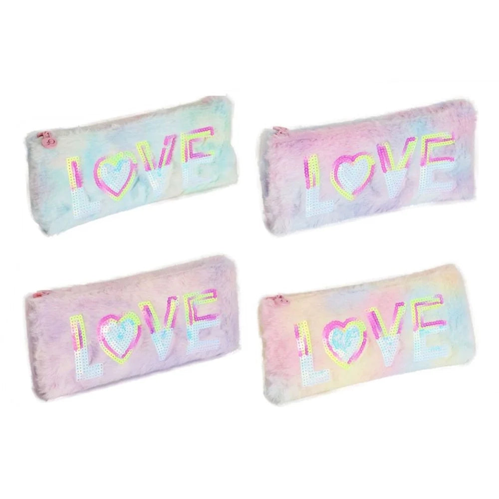 Trade Shop - Astuccio Penne Matite Multifunzione Design Peluche Scritta Love Paillettes 22x10cm 615084 -
