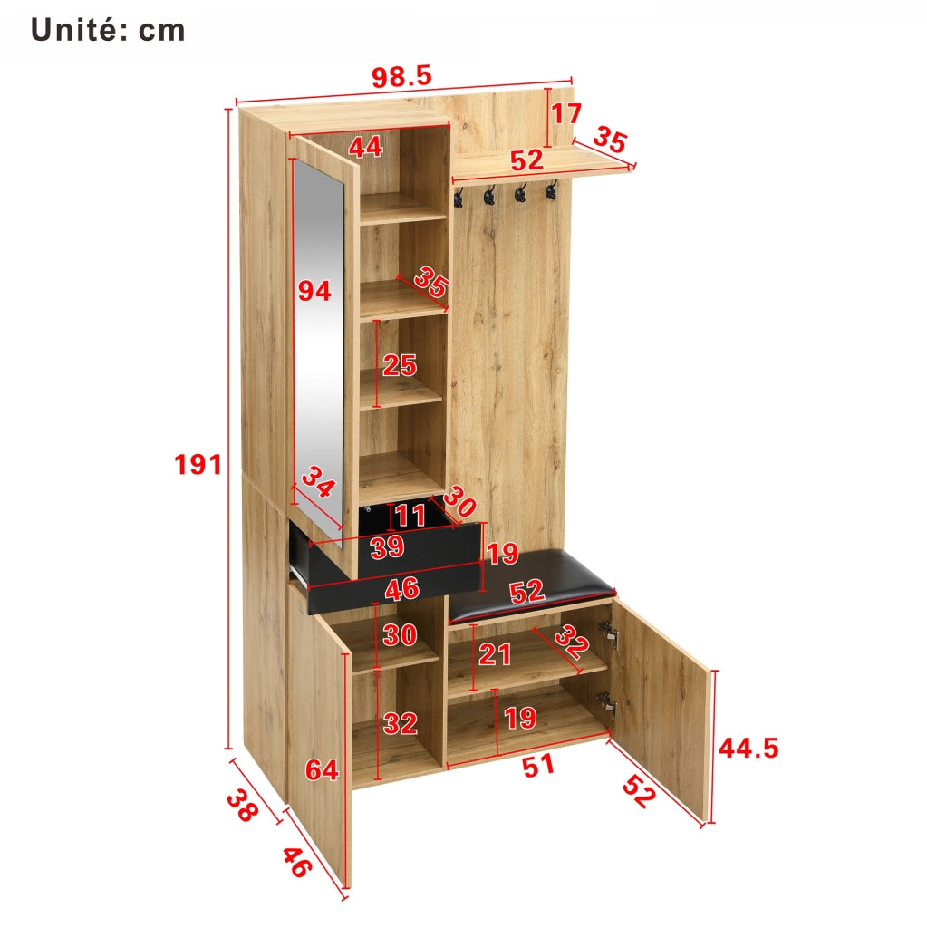 OKWISH Mobile da ingresso con 5 Ganci, Specchio, Panca e 2 Scarpiere, Ripiani Regolabili, 98.5 x 38 x 191 cm