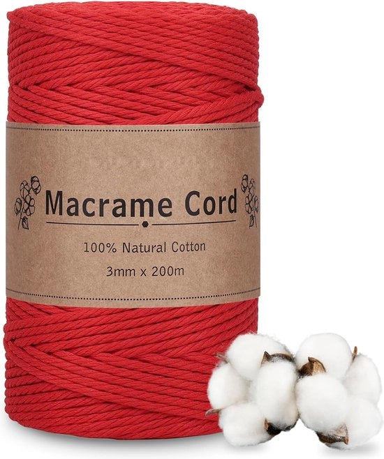 Gonna macramé 3 mm x 200 m, rosso, filo di cotone macramé, 3 mm, corda di cotone naturale, 3 mm, corda di cotone per artigianato, ricamo, tessitura, decorazione boho, tenda da parete, decorazione.