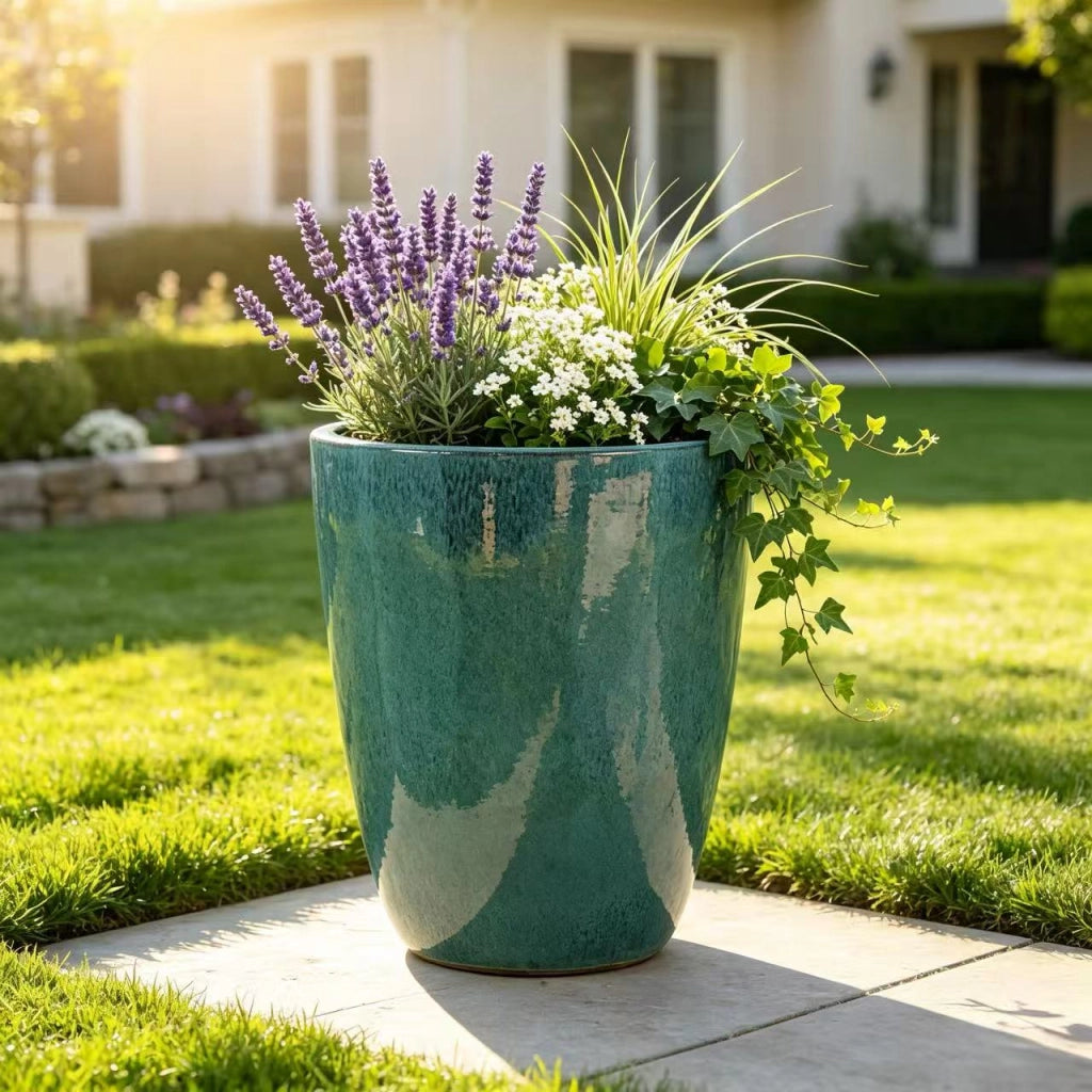 Vaso in ceramica smaltata turchese Ø38,5 cm H49,5 cm, resistente al gelo, con fori di drenaggio