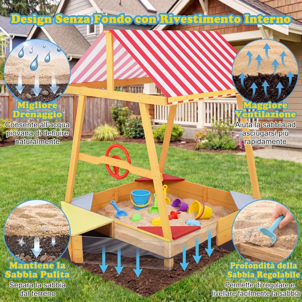 Sabbiera per Bambini in Legno Massello, Sabbionaia con Tetto Parasole, Panca Sedile e Fodera, Forma di Barca, per Esterno, Spiaggia, Cortile e Giardino, 135x103x140 cm
