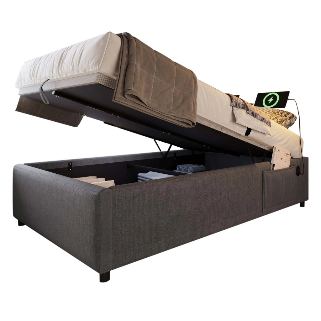 LETTO contenitore 90x200 cm con USB e Type-C tessuto grigio