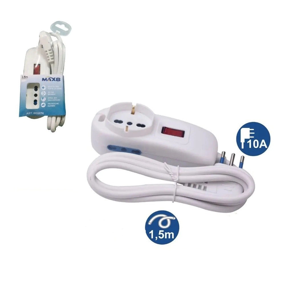 Trade Shop - Multipresa 1 Uscite Universali+2 Bipasso 10/16a Spina 10a Cavo 1.5mt Bianco 80187n -
