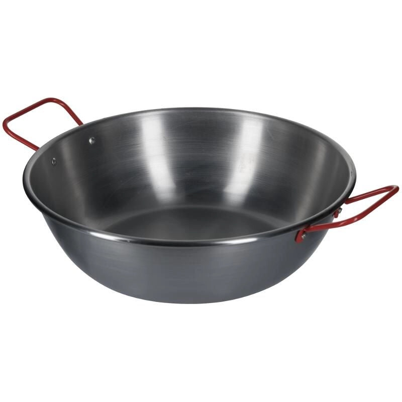 Padella in Ferro Spazzolato Fonda con Manici Rossi, Ideale per Preparazioni Etniche e Fritture Cucina al Salto e Wok, Compatibile con Fornelli a Gas o Legna 50 cm