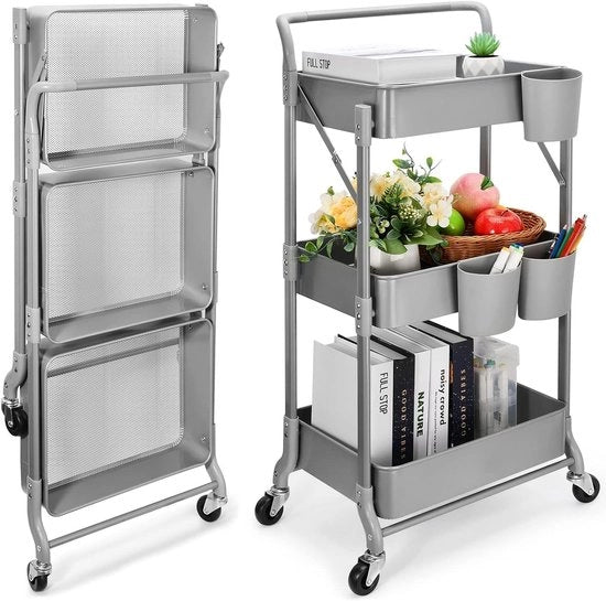 Trolley da Cucina a 3 Livelli - Trolley da Servire - Ripiegabile e Multifunzionale - Grigio - Organizzatore per Cucina e Bagno - Adatto a ogni ambiente