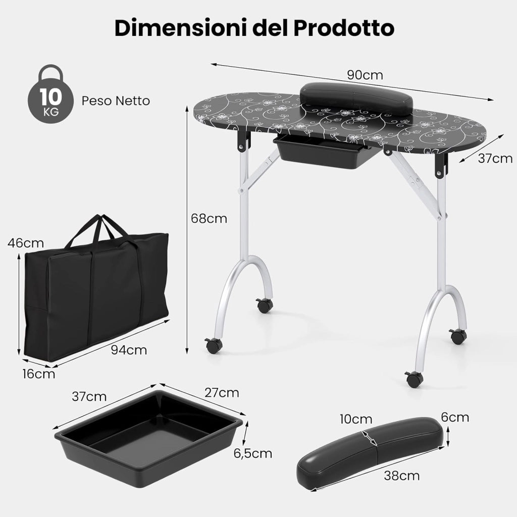 COSTWAY Tavolo Manicure Pieghevole, Tavolo Unghie Estetista Portatile con Ruote, Cassetto, Cuscino Poggiapolsi e Borsa