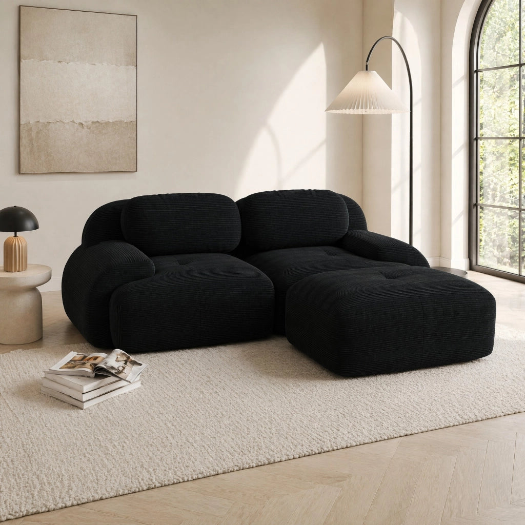 Divano angolare modulare 208x178x70 cm in velluto a coste nero HOMVRA