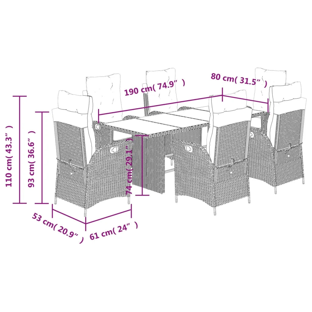 Set da Pranzo da Giardino 7pz con Cuscini in Polyrattan Marrone