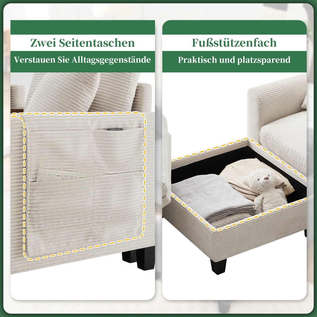 DIVANO Angolare Modulare 229x149,5x83 cm in Corduroy Beige con console