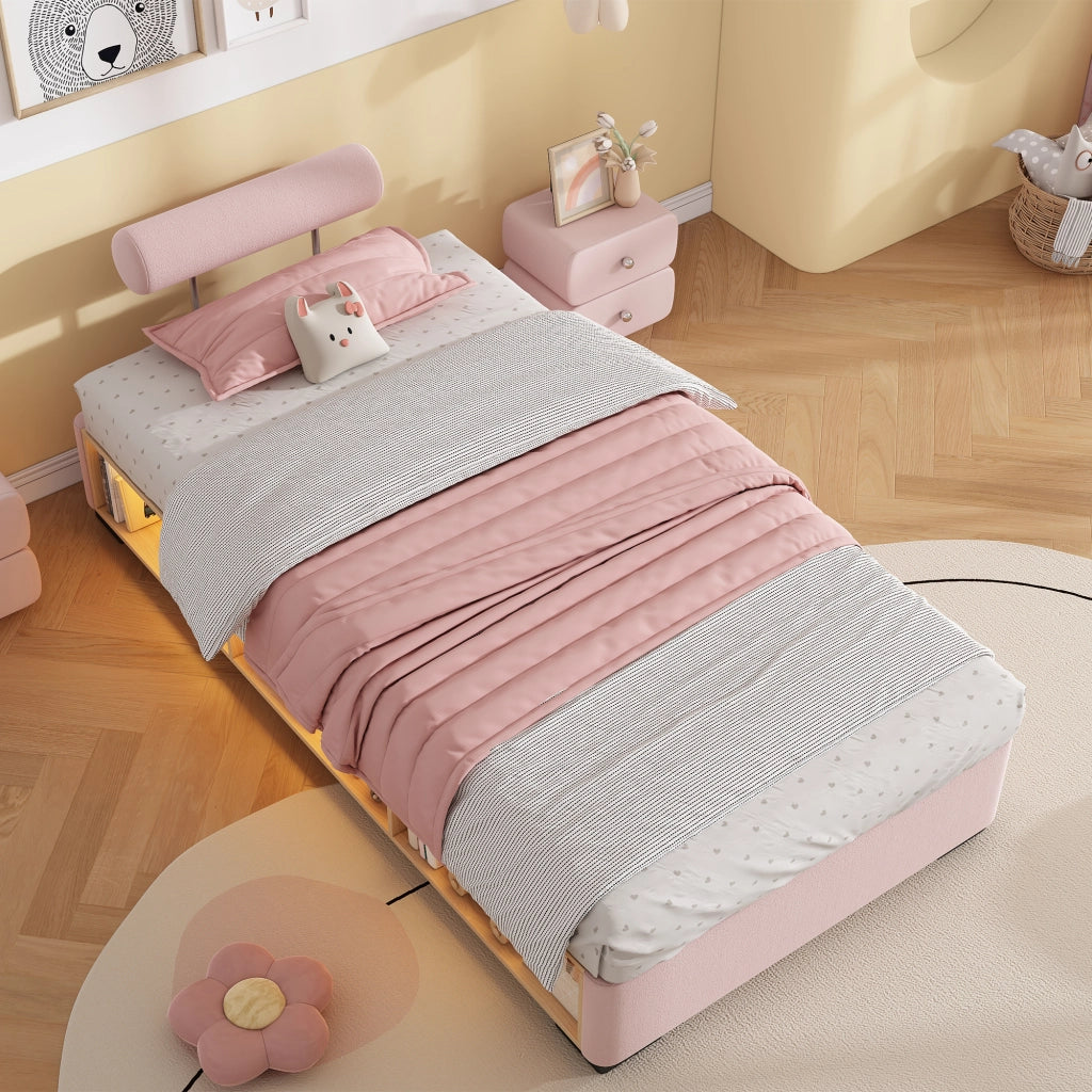 Letto per Bambini 90x200 cm - LED; Mensole e Testiera Montabile - Velluto - Rosa