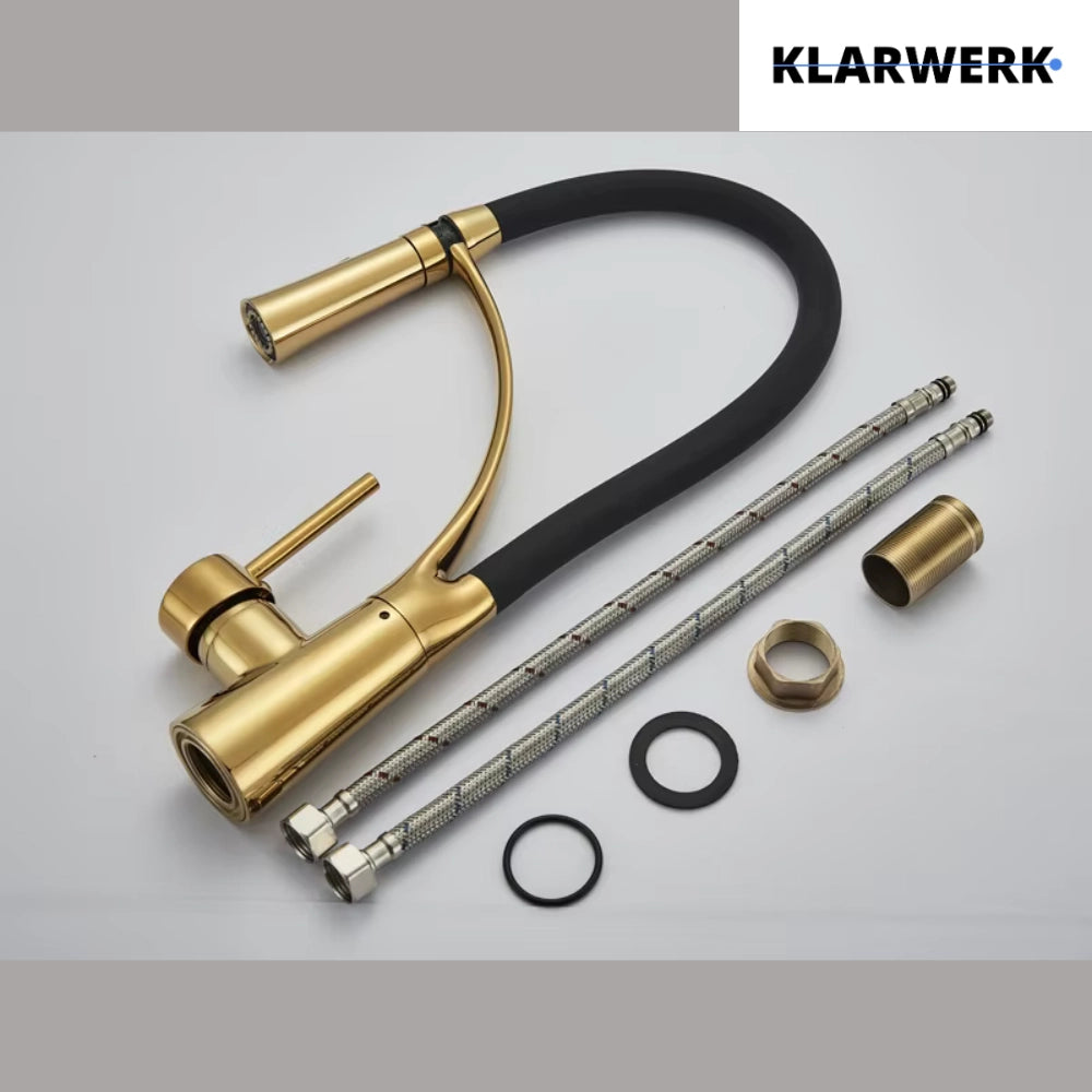 JANA | Rubinetto cucina girevole flessibile in acciaio inox oro lucido|Rubinetto miscelatore arco alto|Rubinetto alta pressione 360° 2 attacchi gastro