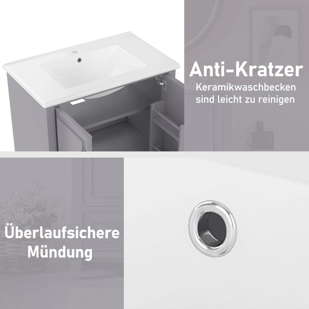 Armadietto da bagno con lavabo in ceramica, 2 ante e 1 cassetto, per bagno, in MDF e ceramica, grigio, 76 × 46 × 87 cm