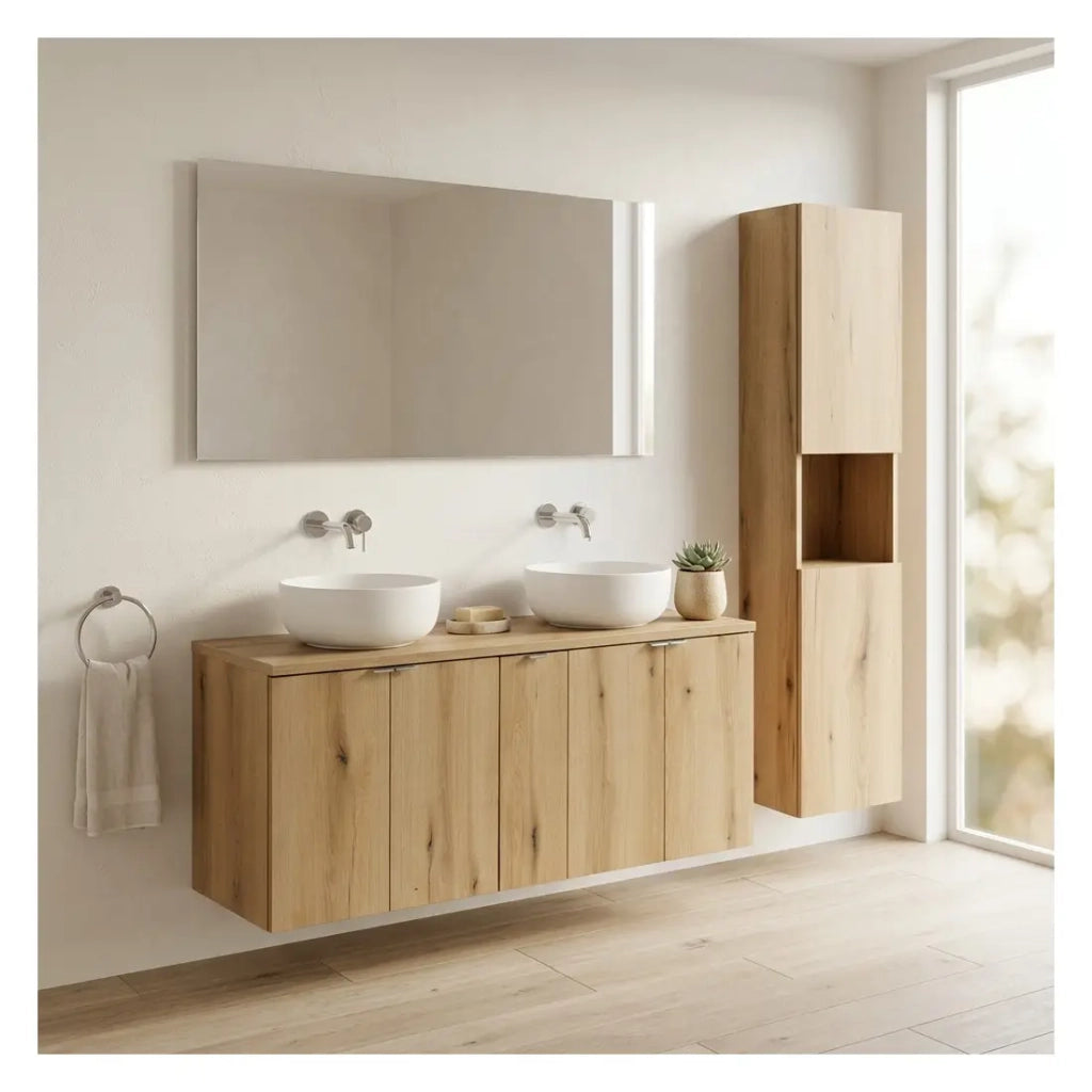 Set da bagno sospeso VANO in rovere 170cm: mobili sottolavabo con ante + piano per lavabo + colonna