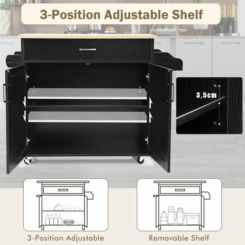 Carrello da Cucina con Ruote di Gomma, Isola Cucina con Cassetto e Ripiano Regolabile, Mobile Credenza Salvaspazio Porta Microonde, Portaspezie, Portasciugamani, 116 x 40 x 85 cm (Nero)
