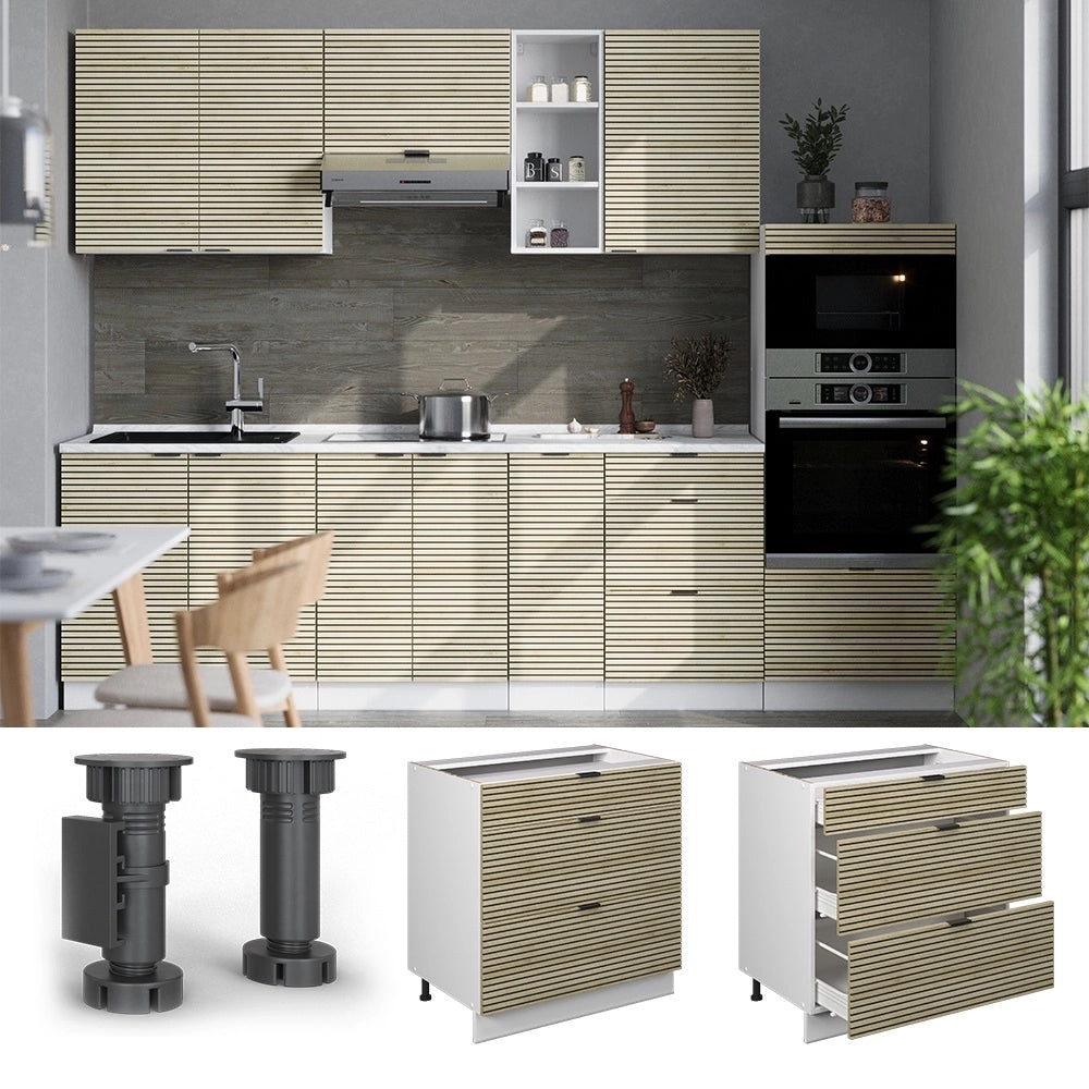 Mobiletto base per cucina Fame-Line Pannello in quercia/Bianco 80 cm con 3 cassetti, senza piano di lavoro Vicco