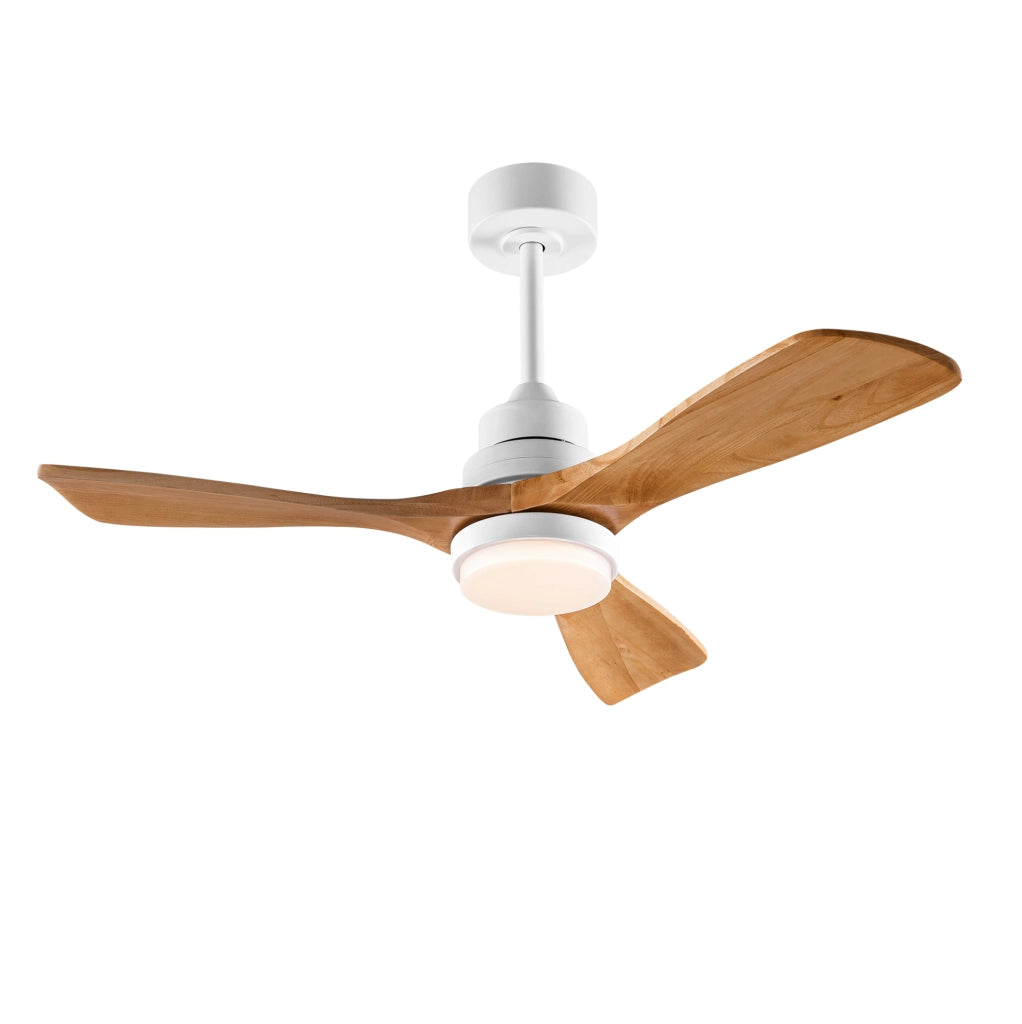 Ventilatore da soffitto con luce e telecomando; 3 pale in legno massello; bianco e naturale