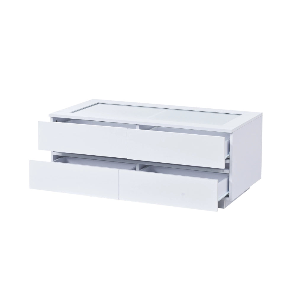 Tavolino da caffè 100x50x40 cm con 4 cassetti; LED; piano in vetro temperato; truciolare bianco