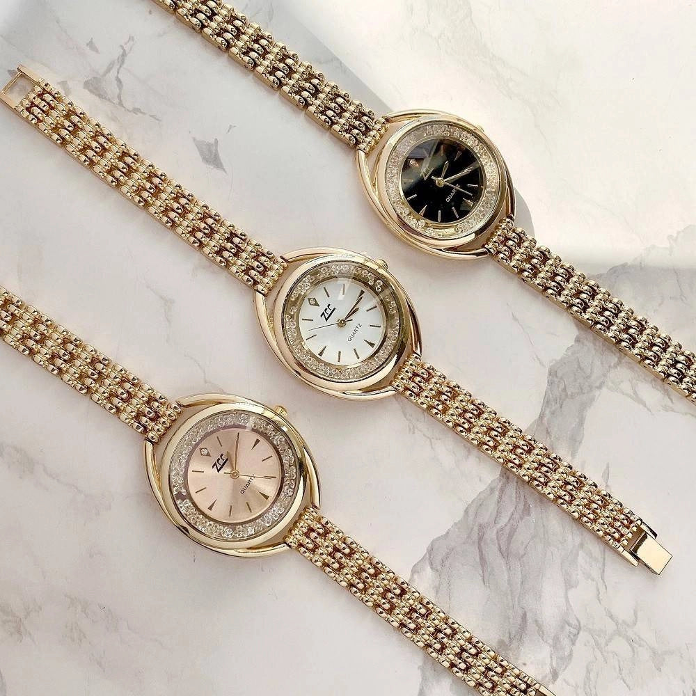 Trade Shop - Orologio Polso Zcc Quarzo Donna Analogico Acciaio Bracciale Dorato Brillantini -