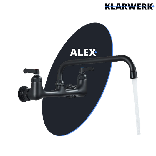 ALEX | rubinetto miscelatore catering rubinetto a parete nero | professionale da cucina in acciaio inox lungo e piatto| acqua ristorante bocca dritta