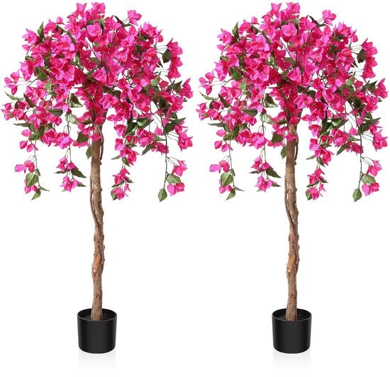 Pianta finta di albero con fiori 120 cm, due pezzi di piante artificiali in vaso grandi fiori rossi per interni esterni, decorazione per camera da letto ufficio giardino.
